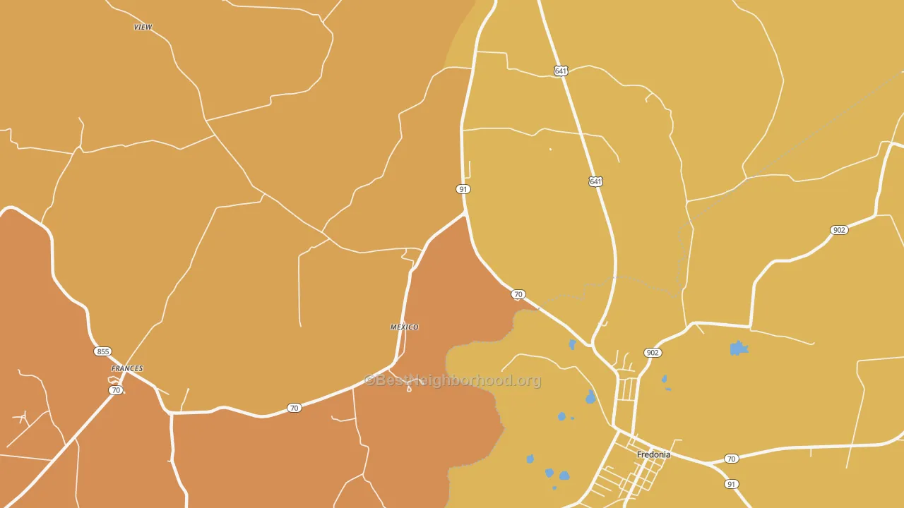 Map of the best neighborhoods in the Mexico area, with better matches in green and worse matches in red