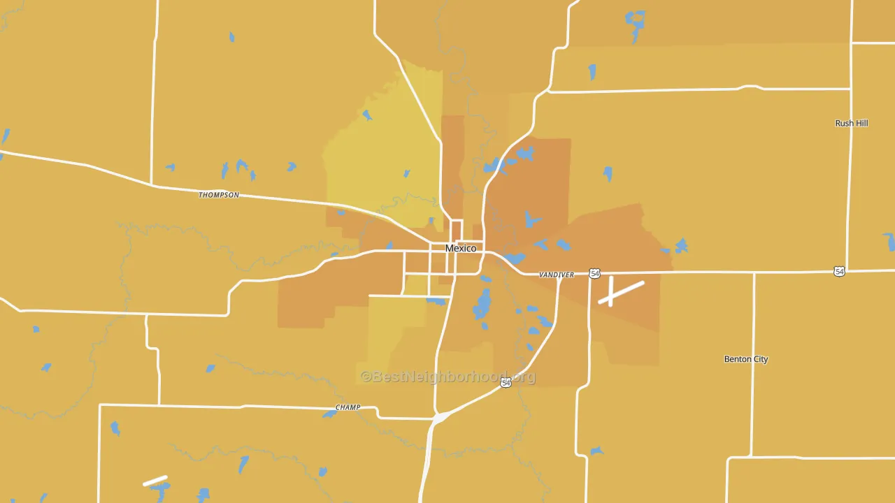 Map of the best neighborhoods in the Mexico area, with better matches in green and worse matches in red