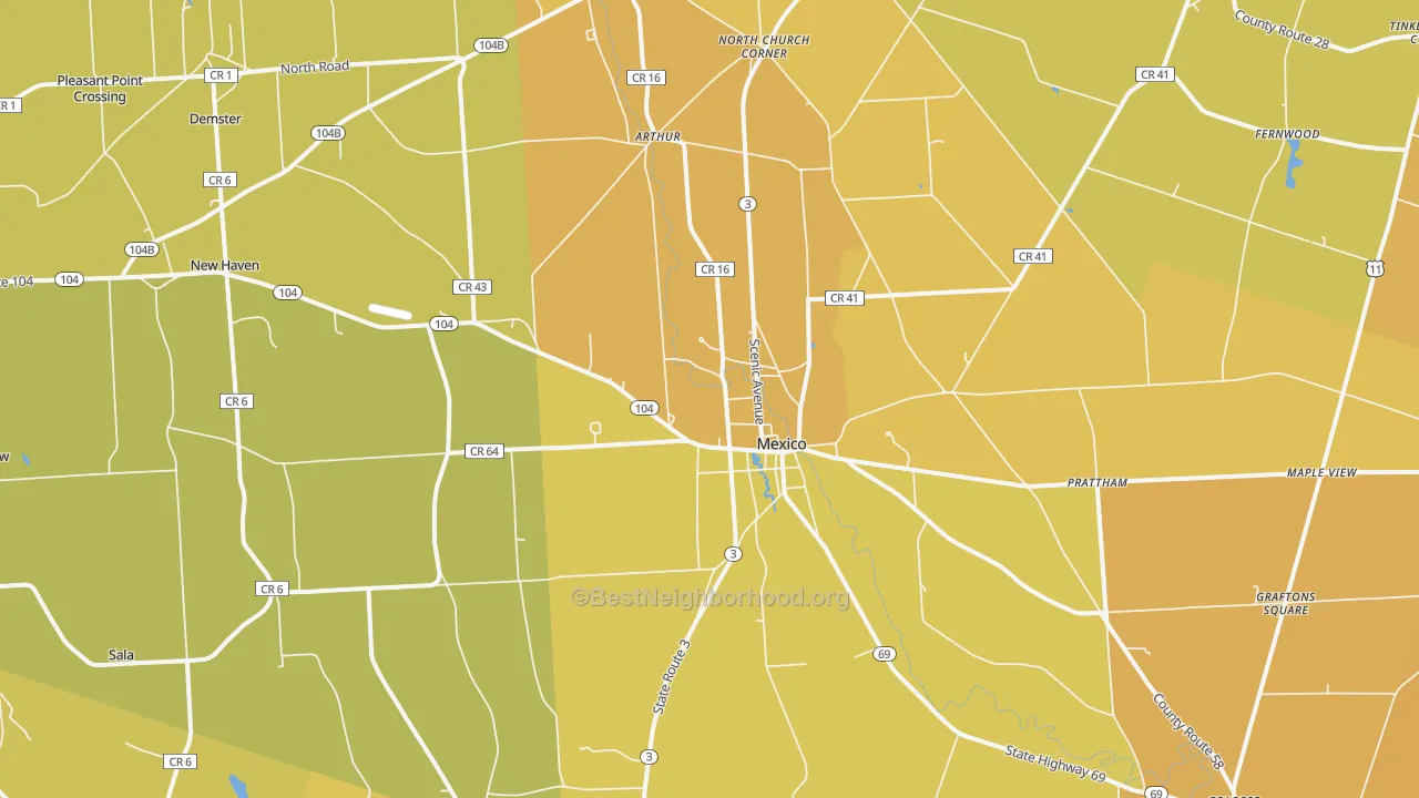 Map of the best neighborhoods in the Mexico area, with better matches in green and worse matches in red