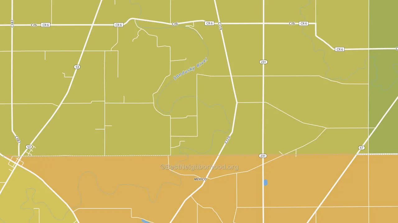 Map of the best neighborhoods in the Mexico area, with better matches in green and worse matches in red