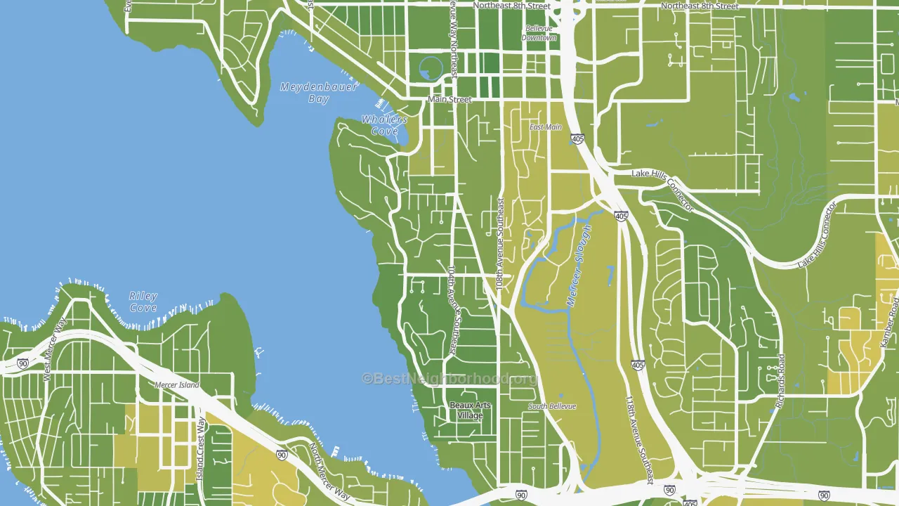 Map of the best neighborhoods in the Meydenbauer, Bellevue area, with better matches in green and worse matches in red