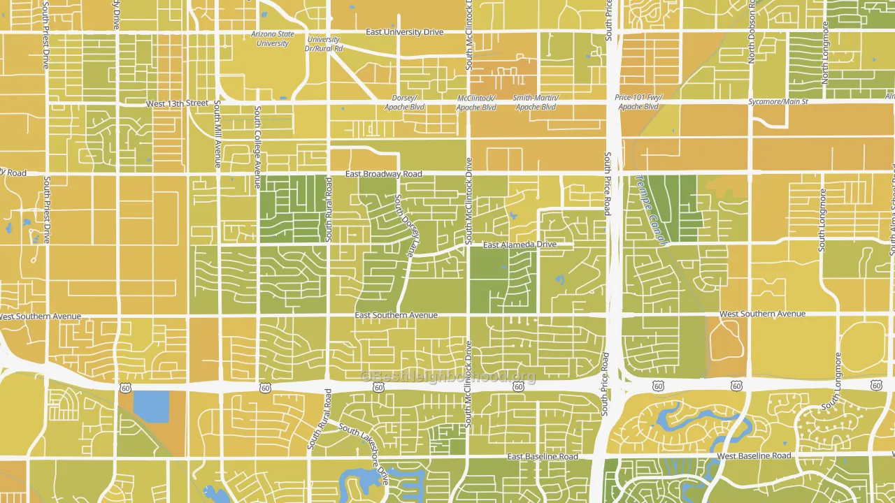 Map of the best neighborhoods in the Meyer Park, Tempe area, with better matches in green and worse matches in red