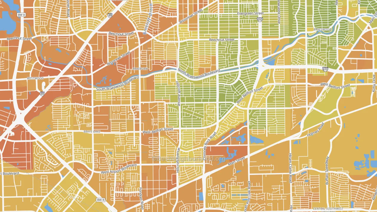 Map of the best neighborhoods in the Meyerland, Houston area, with better matches in green and worse matches in red