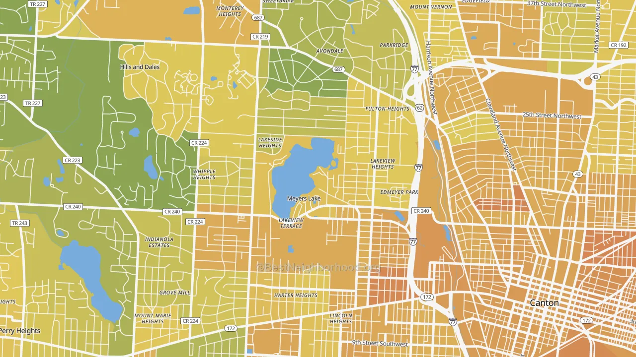 Map of the best neighborhoods in the Meyers Lake area, with better matches in green and worse matches in red
