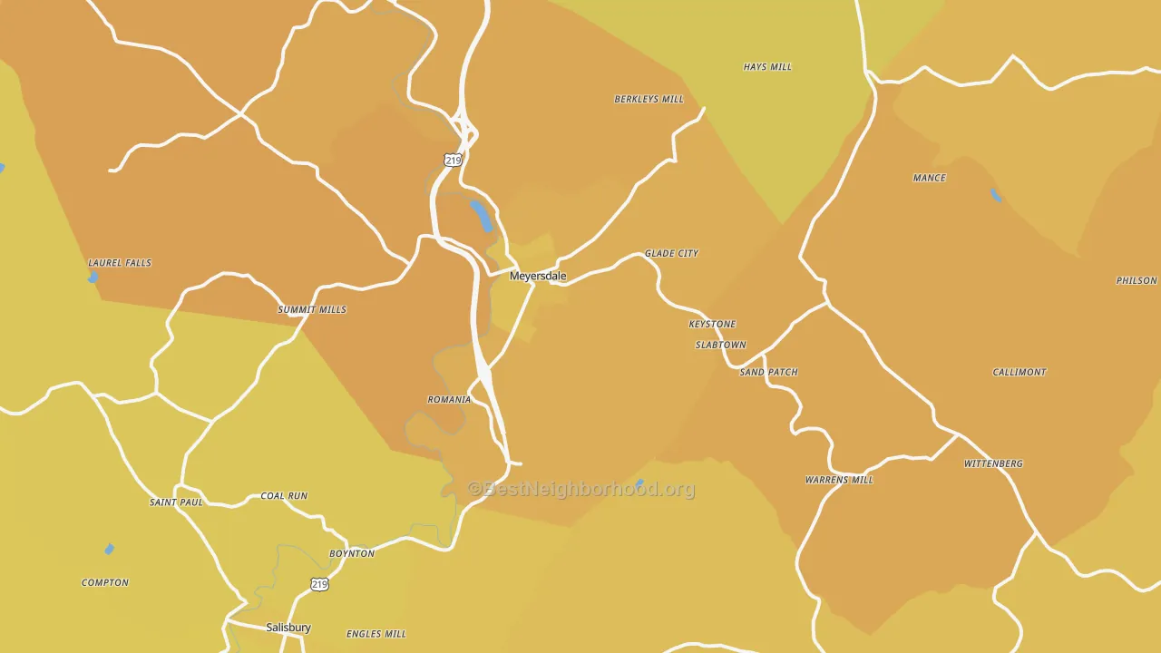 Map of the best neighborhoods in the Meyersdale area, with better matches in green and worse matches in red