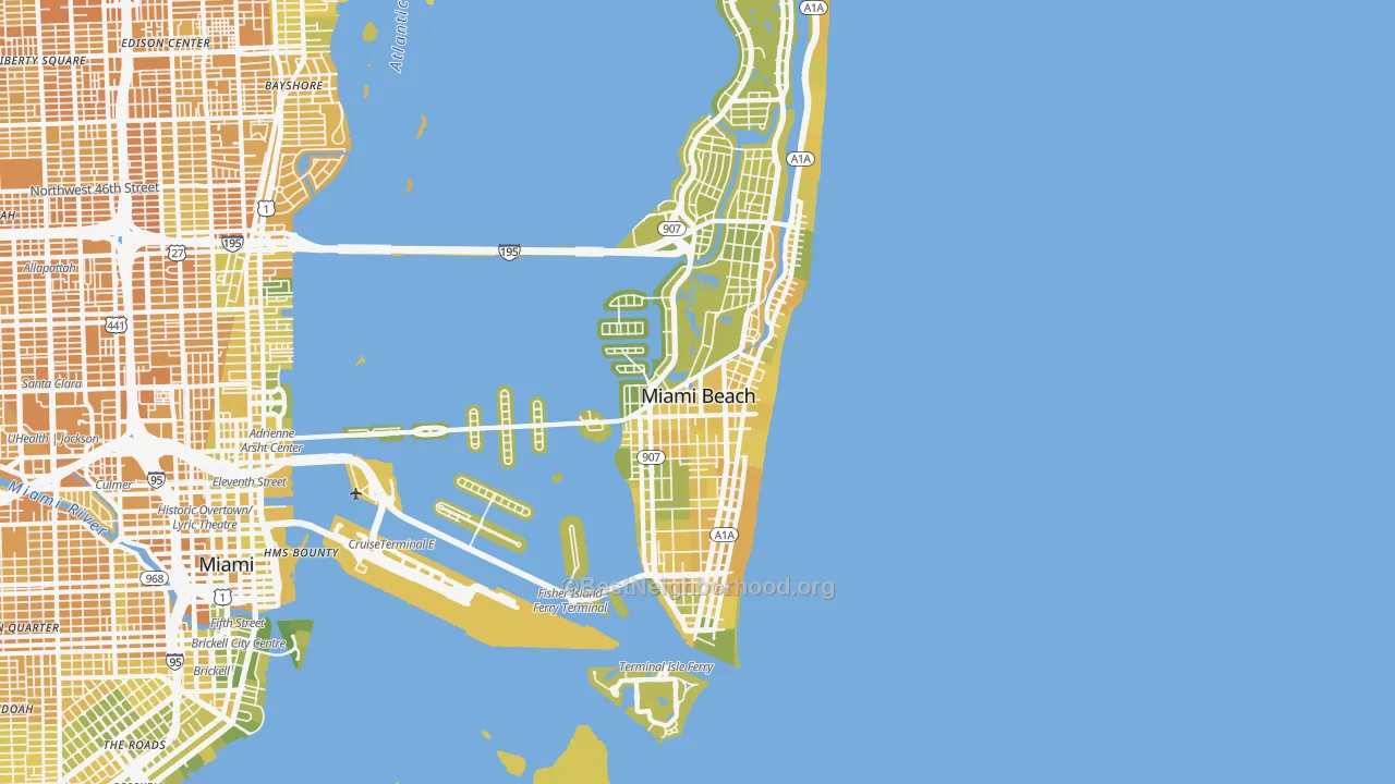 Map of the best neighborhoods in the Miami Beach area, with better matches in green and worse matches in red