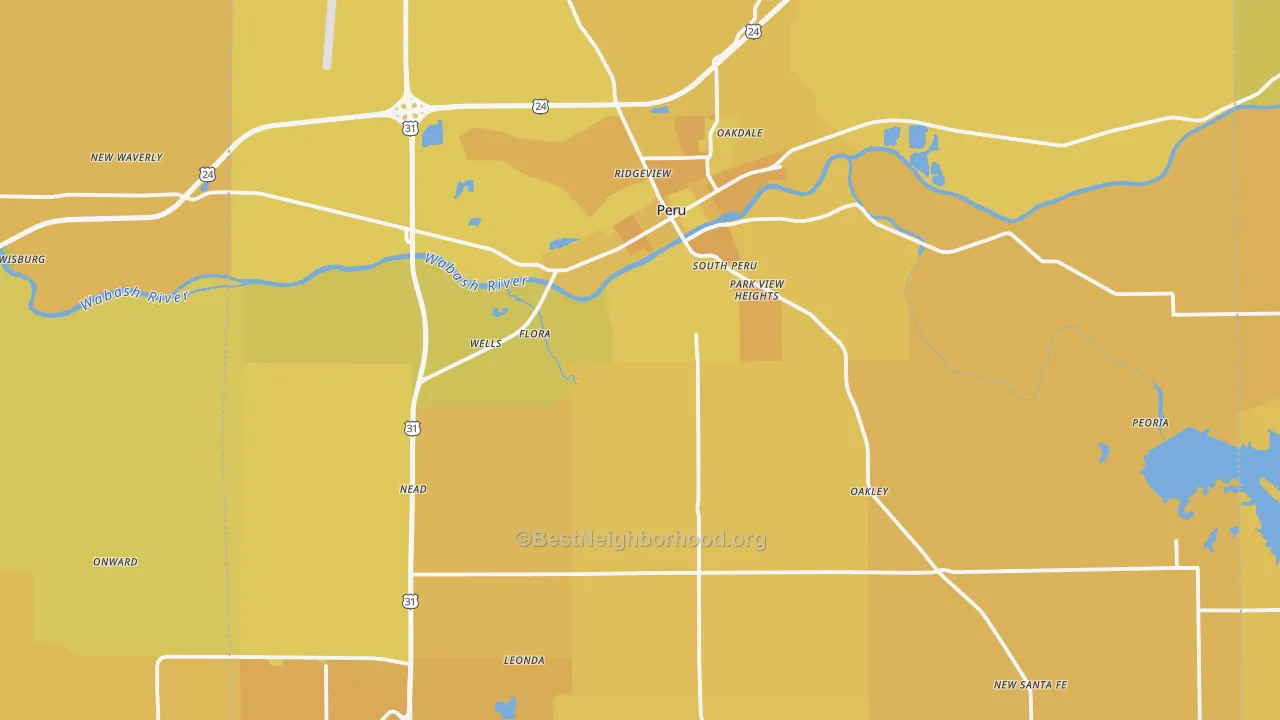Map of the best neighborhoods in the Miami County area, with better matches in green and worse matches in red