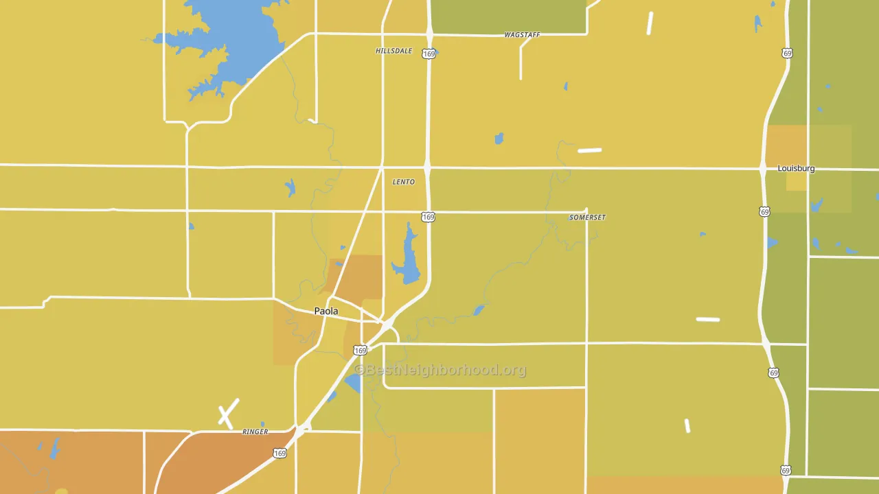 Map of the best neighborhoods in the Miami County area, with better matches in green and worse matches in red