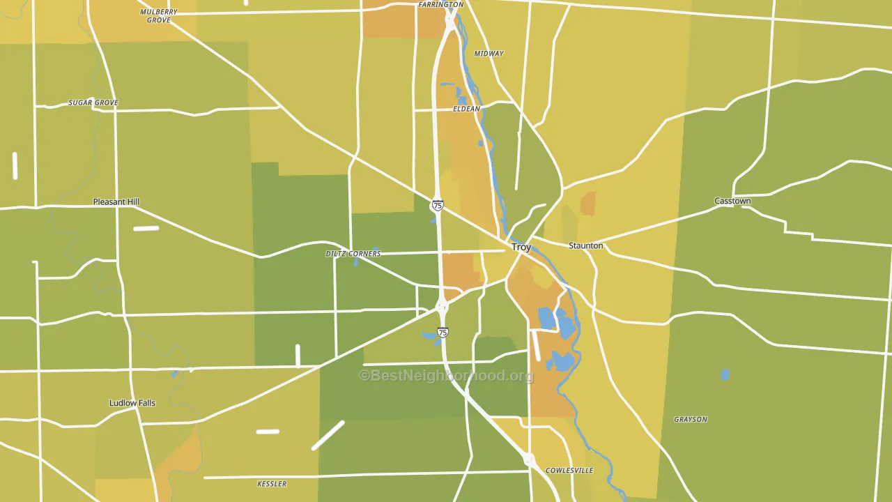 Map of the best neighborhoods in the Miami County area, with better matches in green and worse matches in red