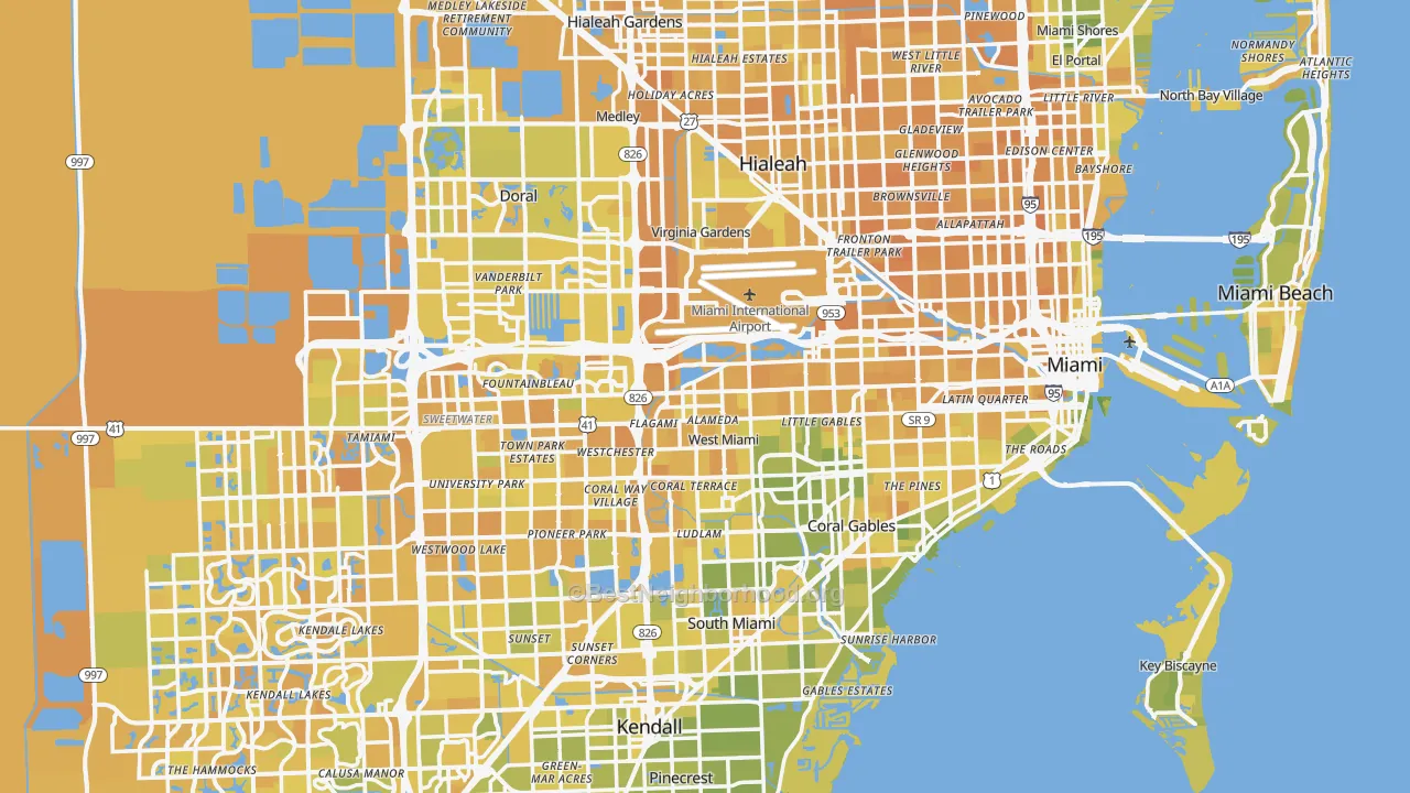 Map of the best neighborhoods in the Miami-Dade County area, with better matches in green and worse matches in red