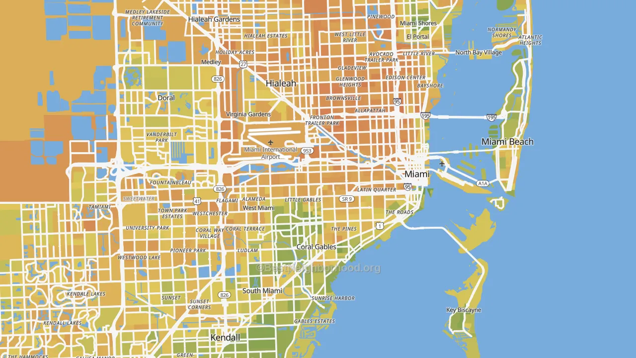 Map of the best neighborhoods in the Miami Metro area, with better matches in green and worse matches in red