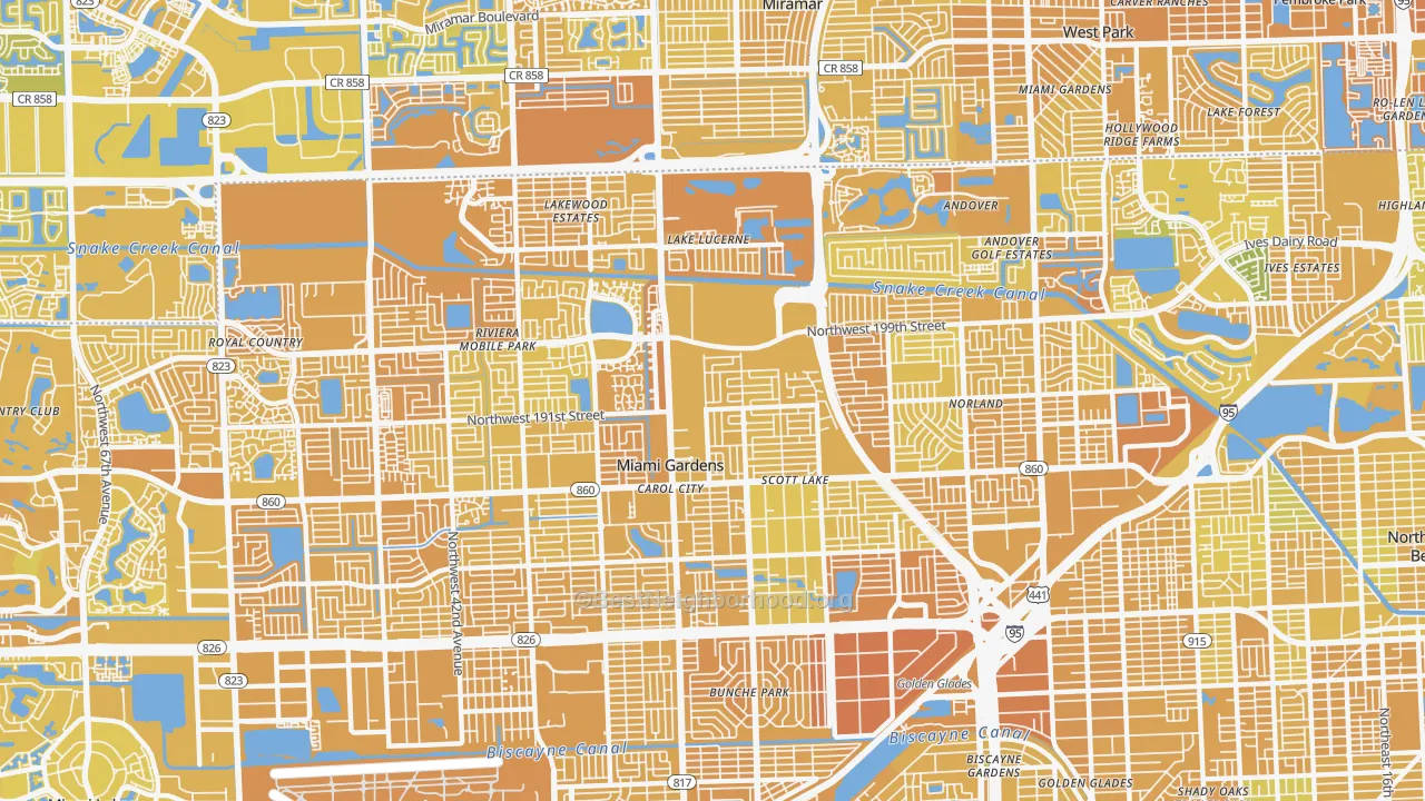 Map of the best neighborhoods in the Miami Gardens area, with better matches in green and worse matches in red