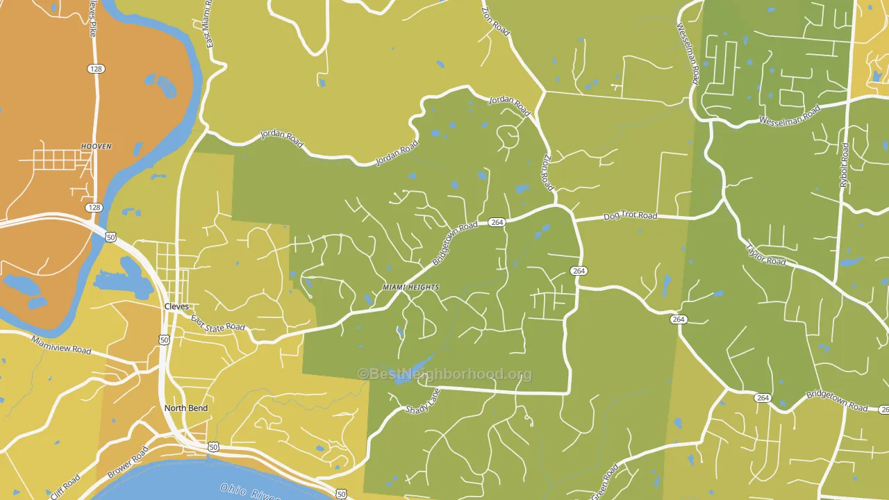 Map of the best neighborhoods in the Miami Heights area, with better matches in green and worse matches in red