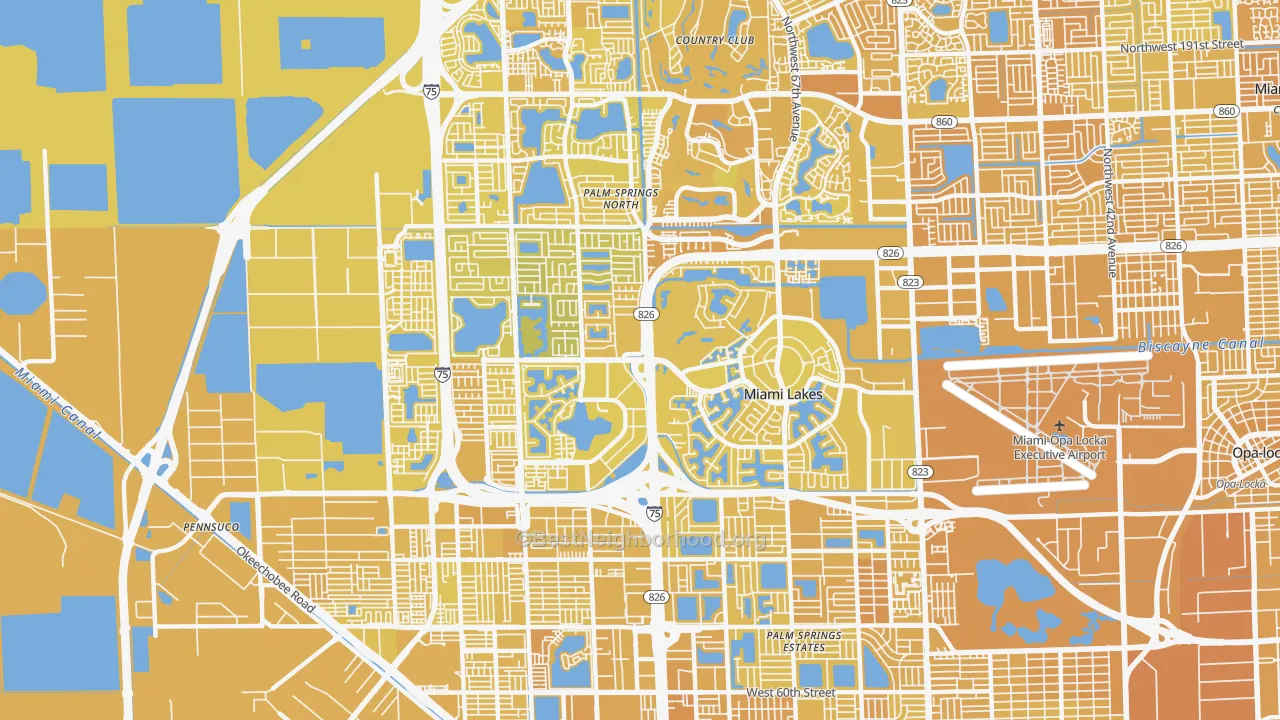 Map of the best neighborhoods in the Miami Lakes area, with better matches in green and worse matches in red