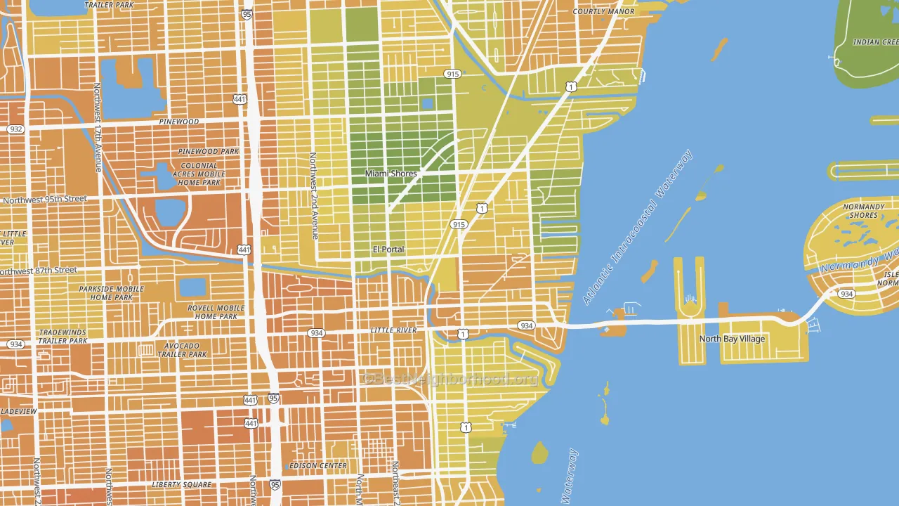 Map of the best neighborhoods in the Miami Shores area, with better matches in green and worse matches in red