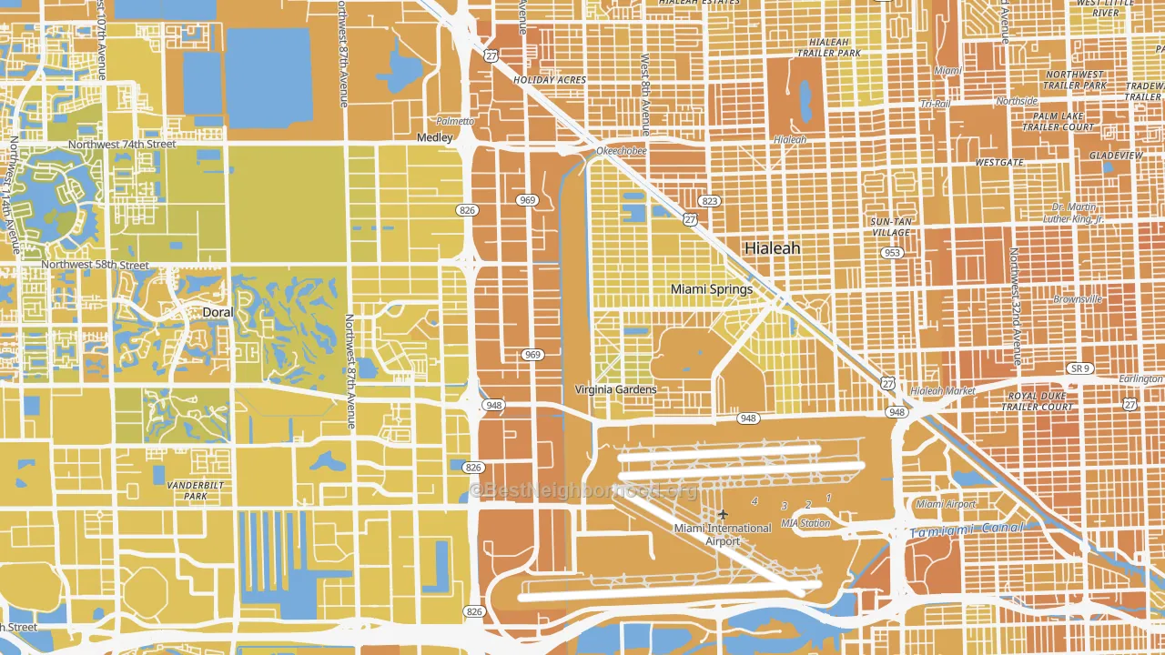 Map of the best neighborhoods in the Miami Springs area, with better matches in green and worse matches in red