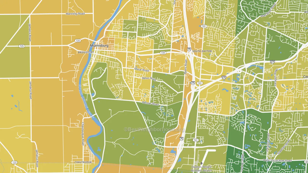Map of the best neighborhoods in the Miamisburg area, with better matches in green and worse matches in red