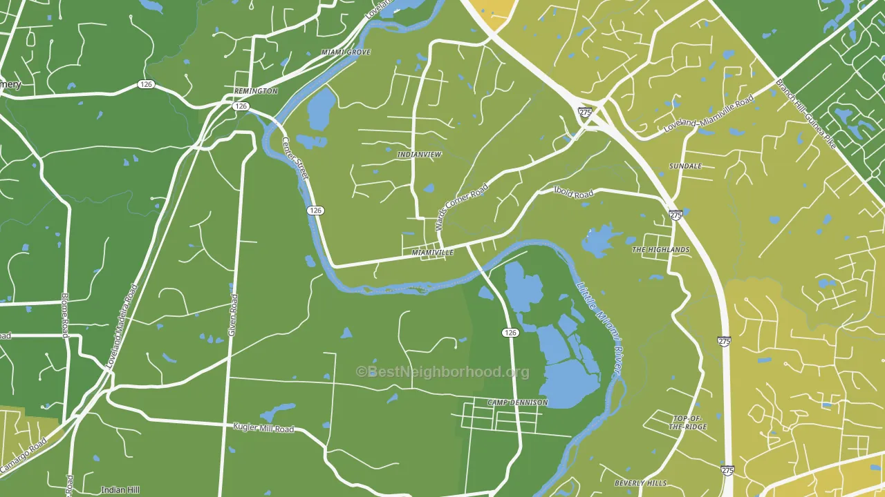 Map of the best neighborhoods in the Miamiville area, with better matches in green and worse matches in red