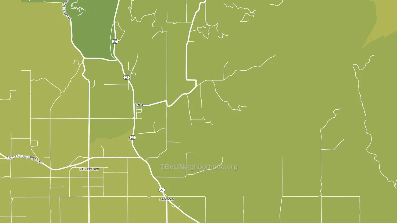 Map of the best neighborhoods in the Mica area, with better matches in green and worse matches in red