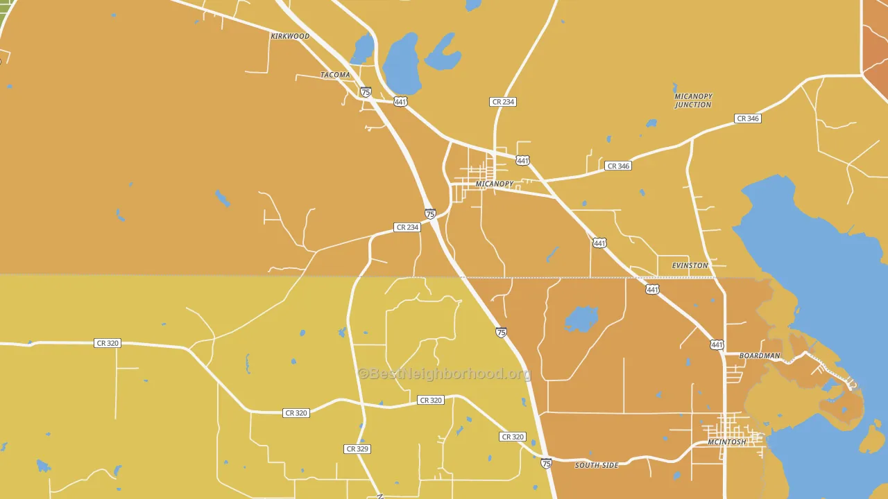 Map of the best neighborhoods in the Micanopy area, with better matches in green and worse matches in red