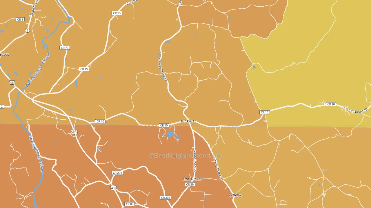 Map of the best neighborhoods in the Micaville area, with better matches in green and worse matches in red