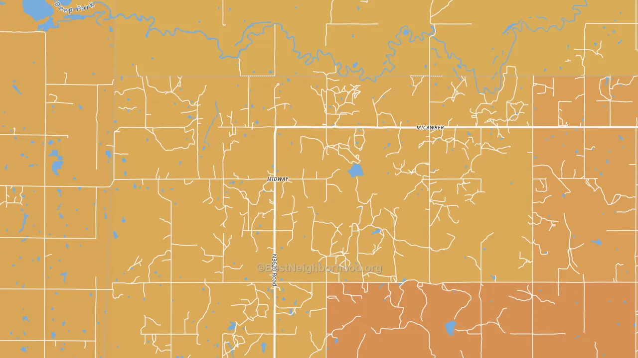 Map of the best neighborhoods in the Micawber area, with better matches in green and worse matches in red