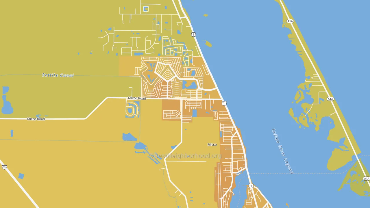 Map of the best neighborhoods in the Micco area, with better matches in green and worse matches in red