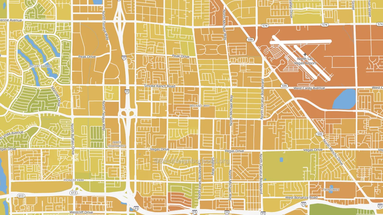 Map of the best neighborhoods in the Michael Way, Las Vegas area, with better matches in green and worse matches in red