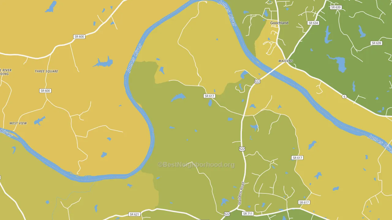 Map of the best neighborhoods in the Michaux area, with better matches in green and worse matches in red