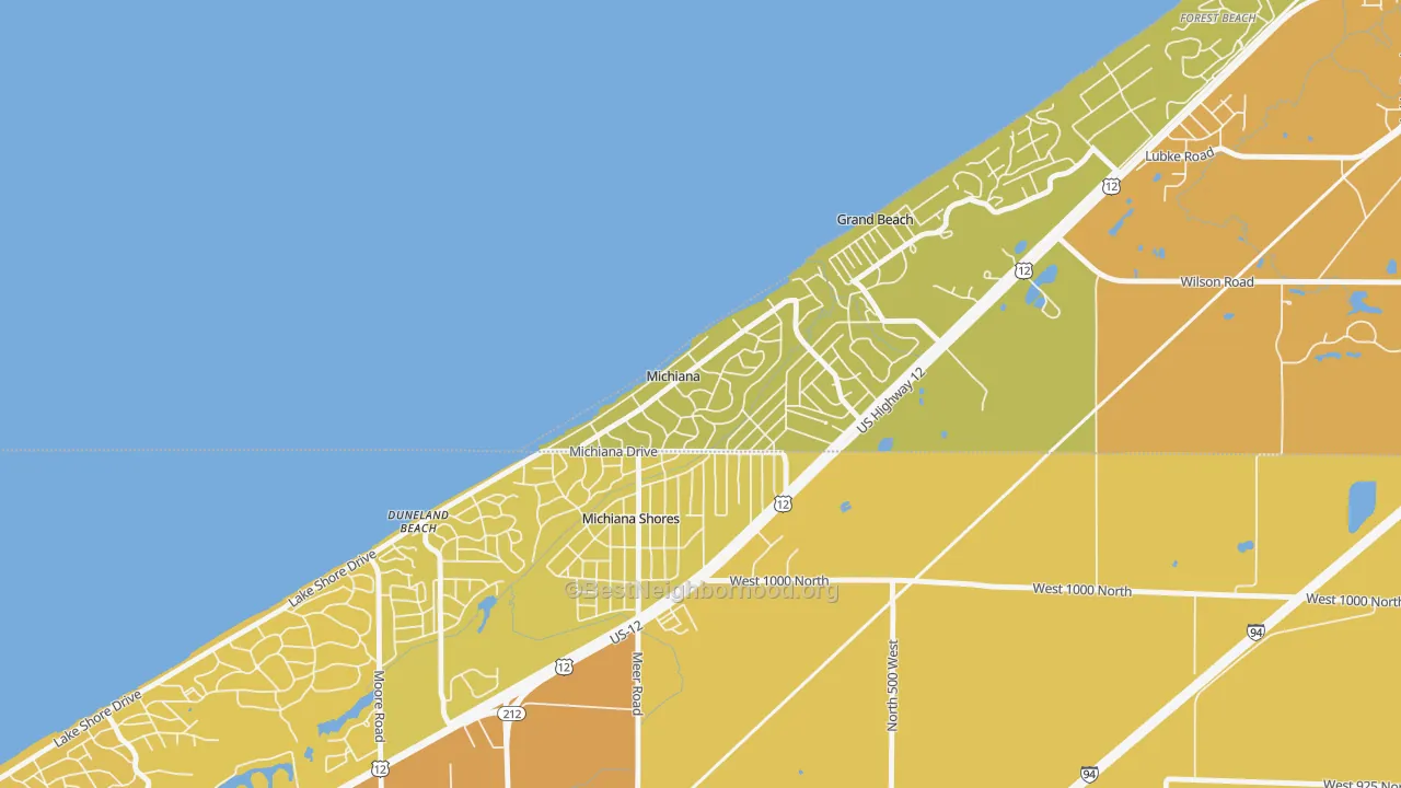 Map of the best neighborhoods in the Michiana area, with better matches in green and worse matches in red