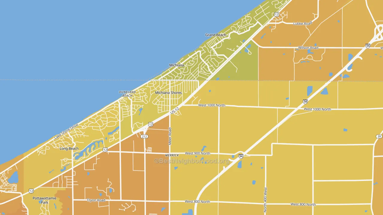 Map of the best neighborhoods in the Michiana Shores area, with better matches in green and worse matches in red