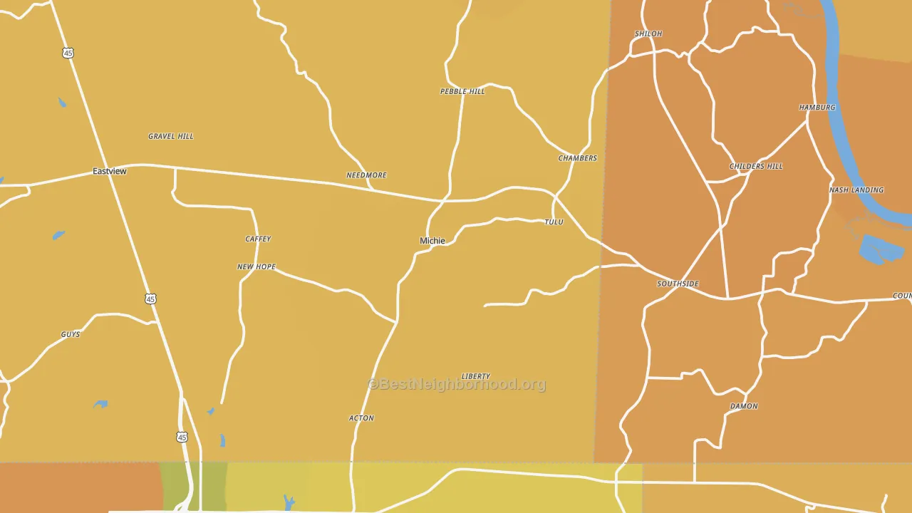 Map of the best neighborhoods in the Michie area, with better matches in green and worse matches in red