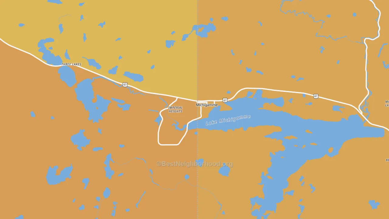 Map of the best neighborhoods in the Michigamme area, with better matches in green and worse matches in red