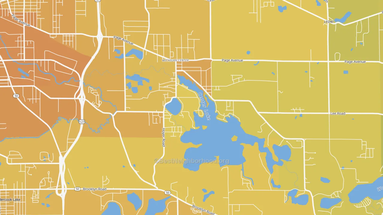 Map of the best neighborhoods in the Michigan Center area, with better matches in green and worse matches in red
