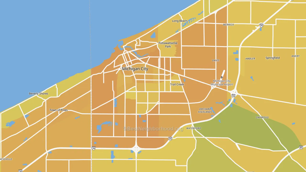 Map of the best neighborhoods in the Michigan City Metro area, with better matches in green and worse matches in red