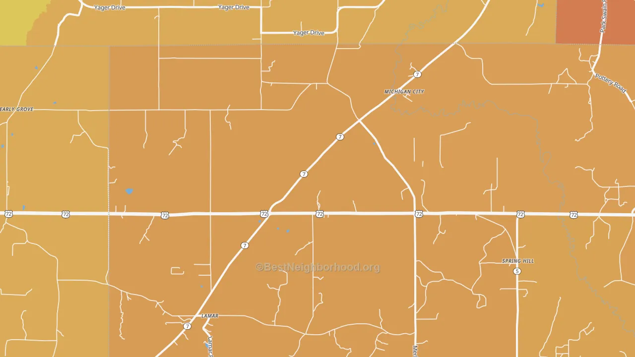 Map of the best neighborhoods in the Michigan City area, with better matches in green and worse matches in red