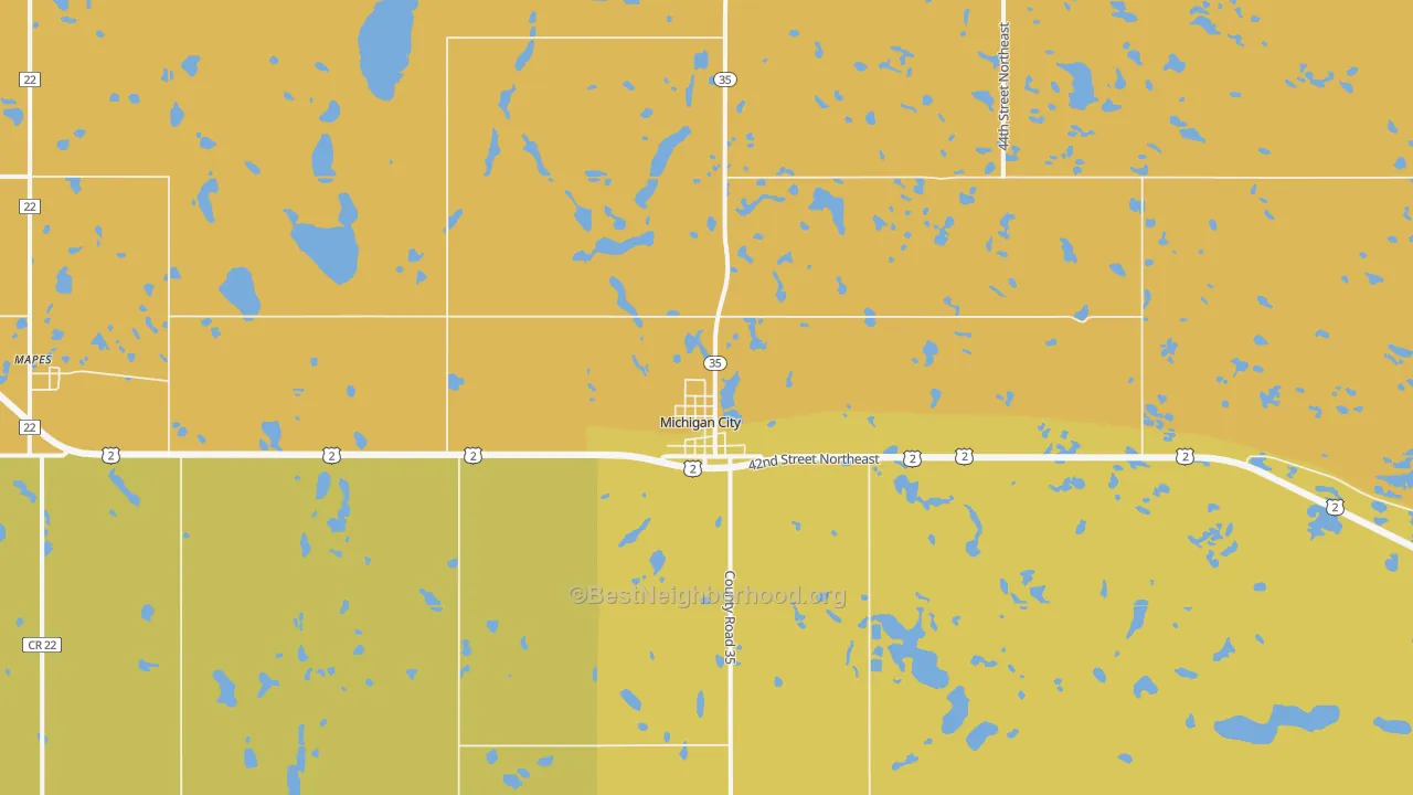 Map of the best neighborhoods in the Michigan City area, with better matches in green and worse matches in red