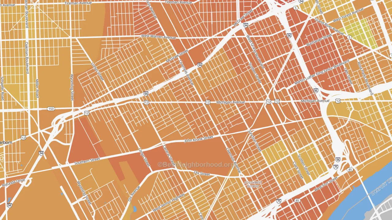 Map of the best neighborhoods in the Michigan-Martin, Detroit area, with better matches in green and worse matches in red
