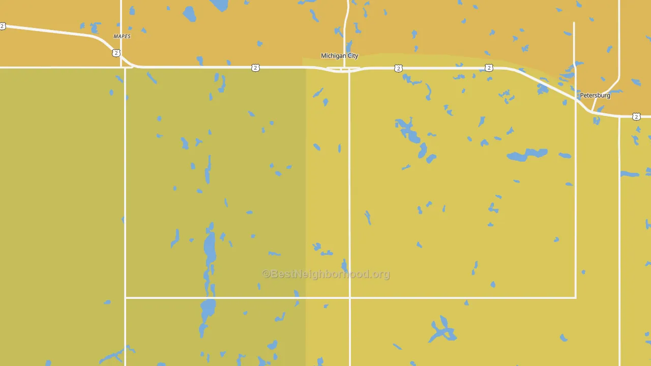 Map of the best neighborhoods in the Michigan area, with better matches in green and worse matches in red