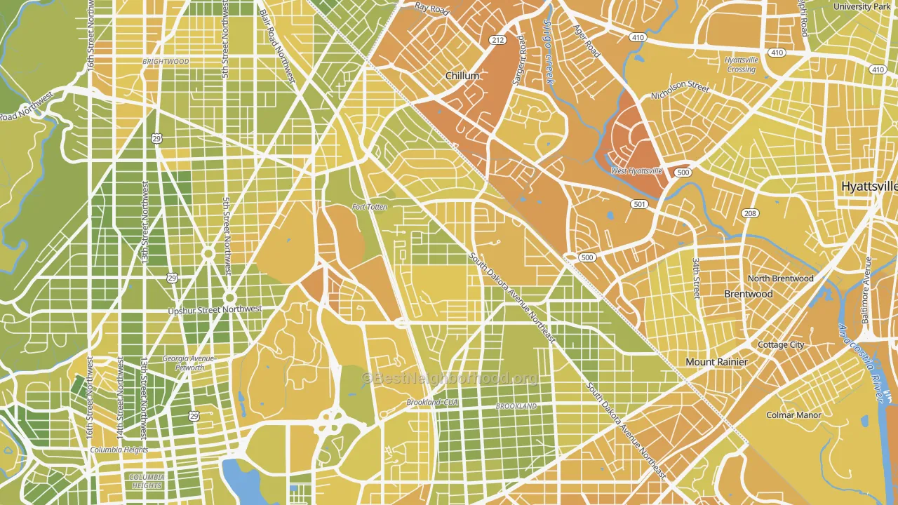 Map of the best neighborhoods in the Michigan Park, Washington area, with better matches in green and worse matches in red