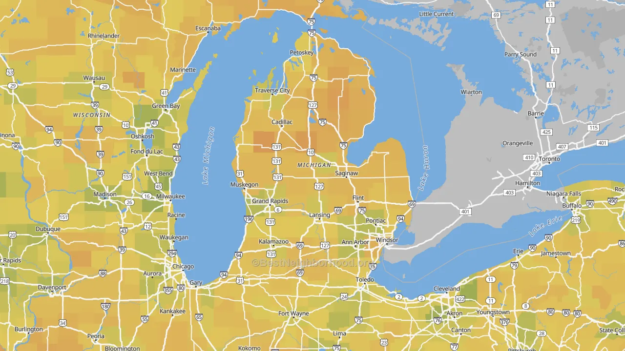 Map of the best neighborhoods in the Michigan area, with better matches in green and worse matches in red