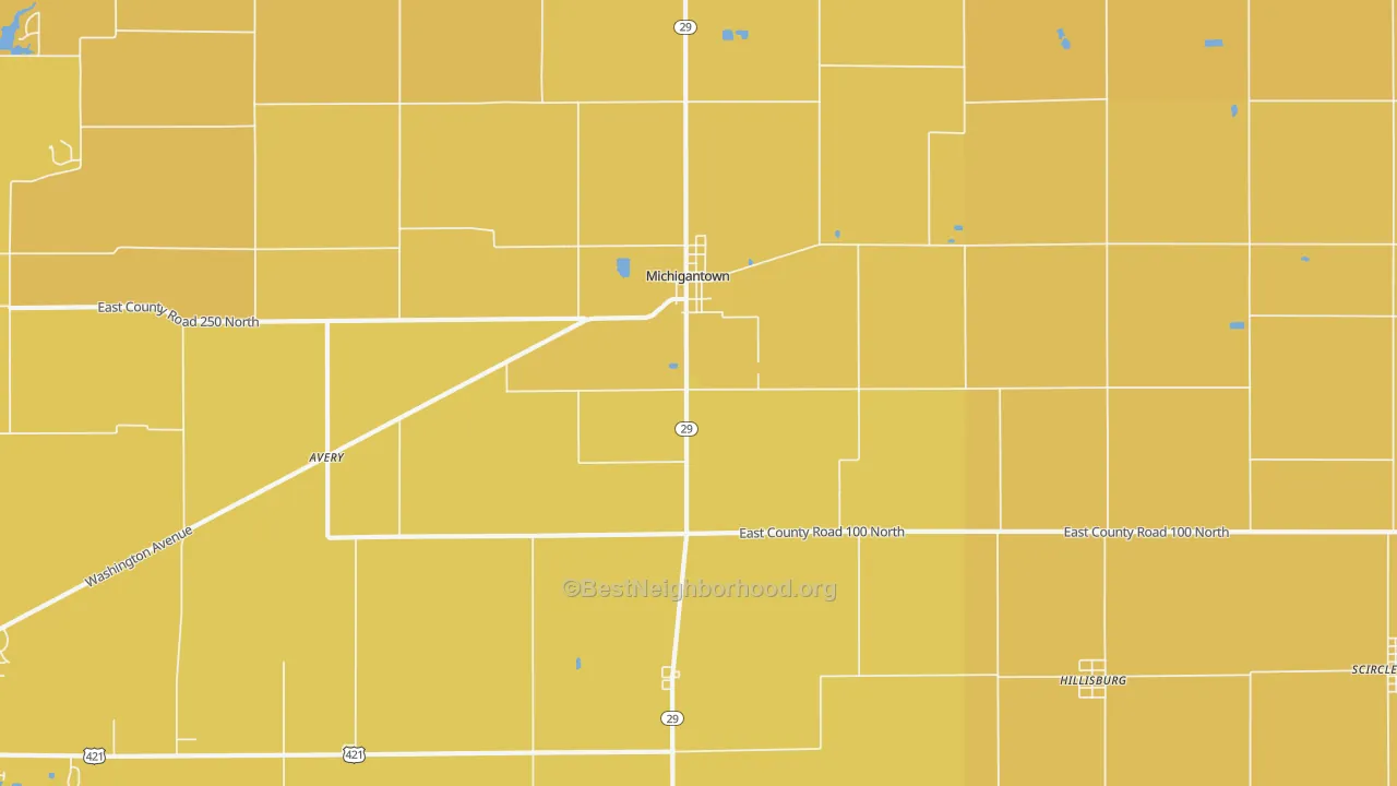 Map of the best neighborhoods in the Michigantown area, with better matches in green and worse matches in red