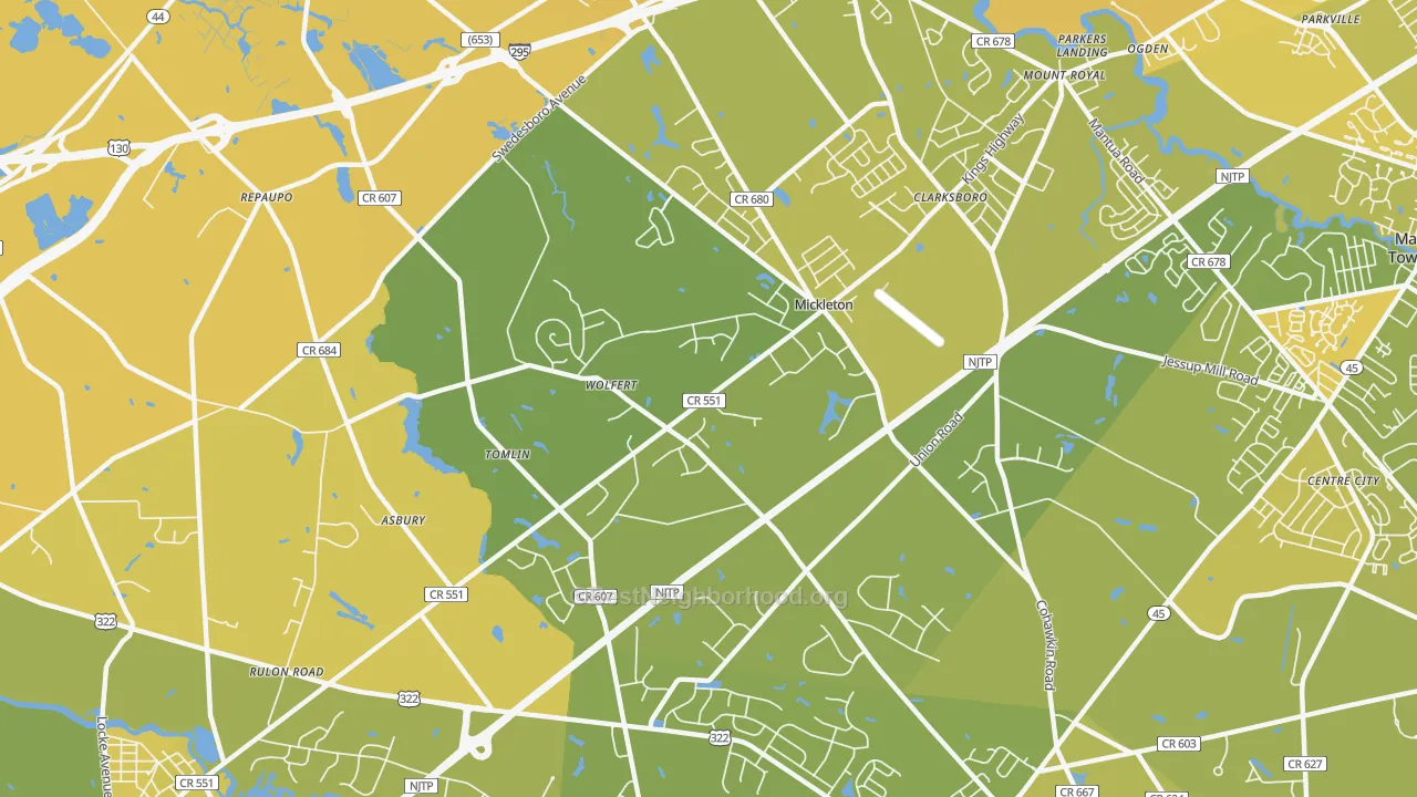 Map of the best neighborhoods in the Mickleton area, with better matches in green and worse matches in red