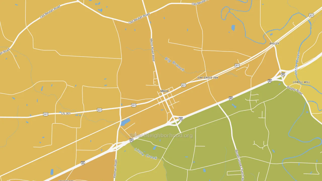 Map of the best neighborhoods in the Micro area, with better matches in green and worse matches in red