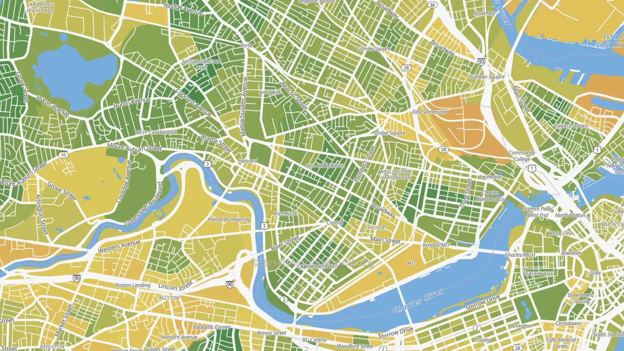 Map of the best neighborhoods in the Mid-Cambridge, Cambridge area, with better matches in green and worse matches in red