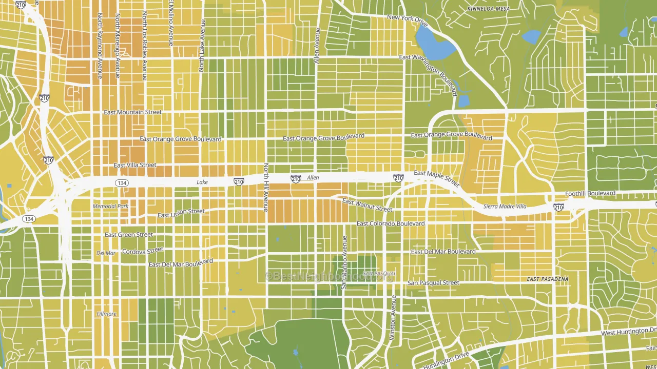 Map of the best neighborhoods in the Mid Central, Pasadena area, with better matches in green and worse matches in red