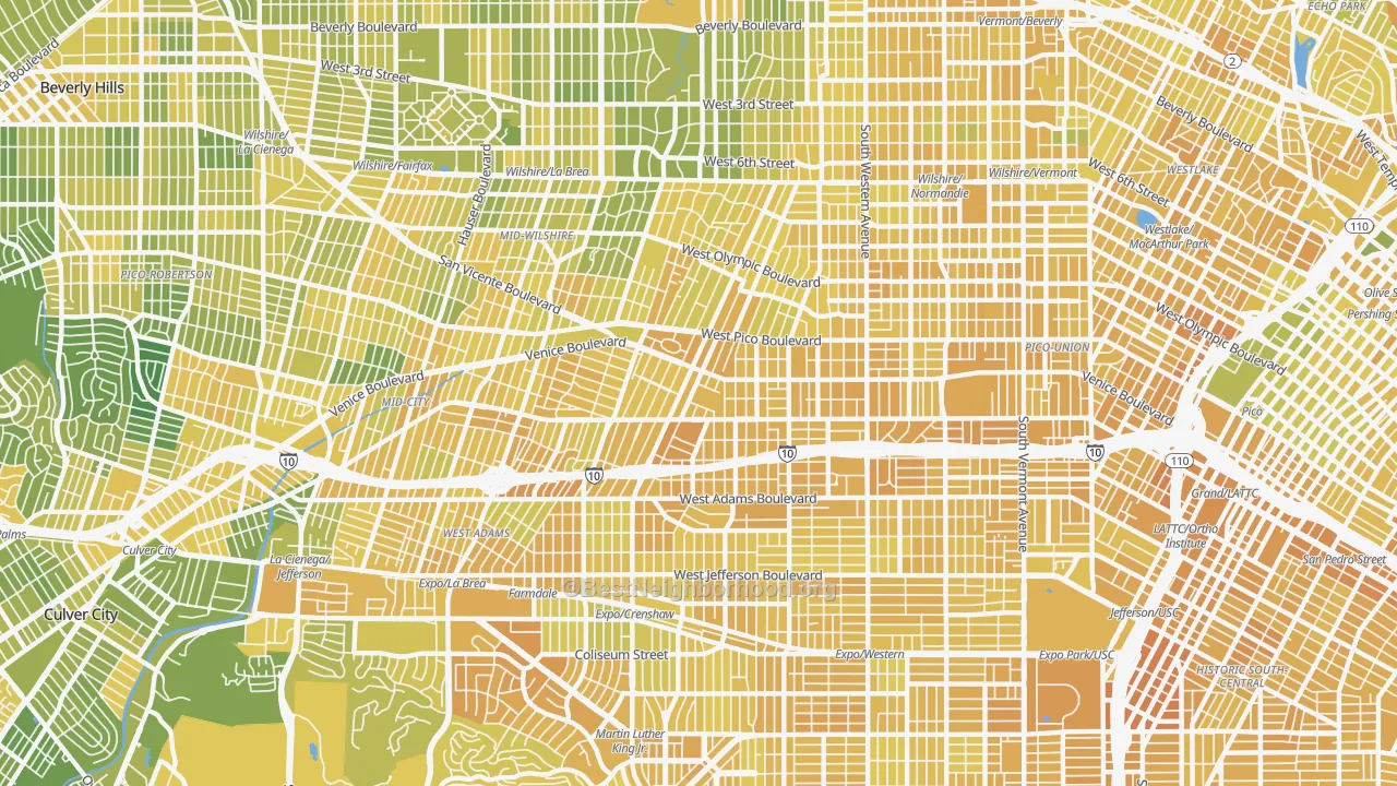 Map of the best neighborhoods in the Mid City, Los Angeles area, with better matches in green and worse matches in red