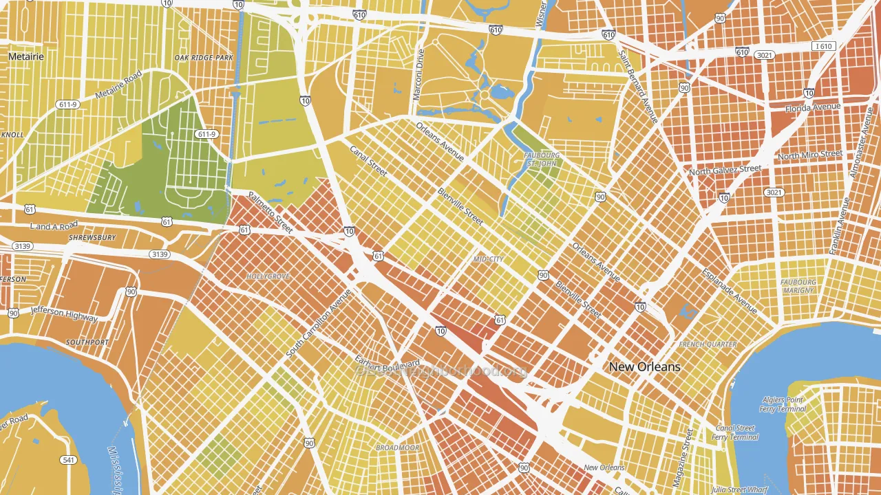 Map of the best neighborhoods in the Mid-City, New Orleans area, with better matches in green and worse matches in red