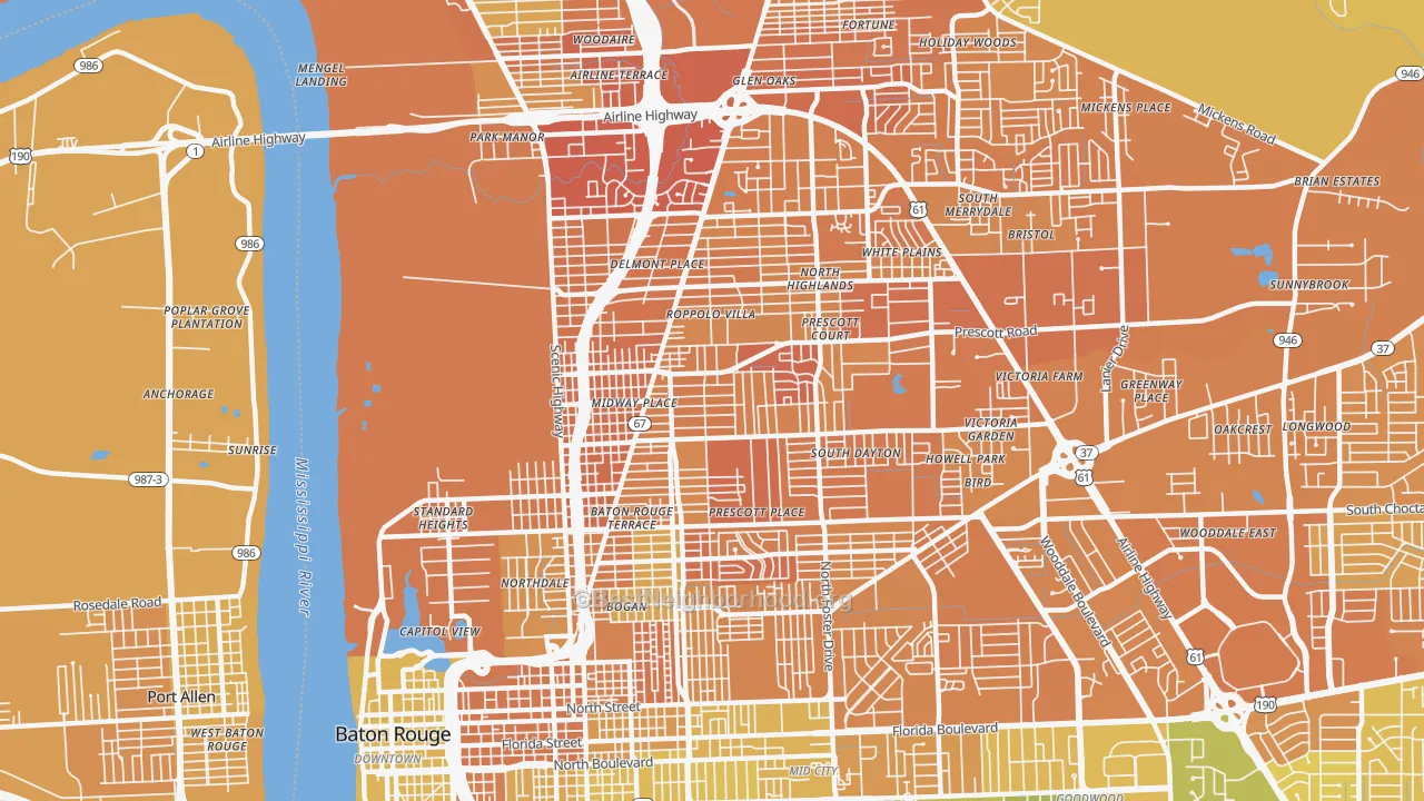 Map of the best neighborhoods in the Mid City North, Baton Rouge area, with better matches in green and worse matches in red