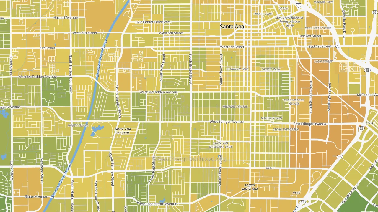 Map of the best neighborhoods in the Mid City-Santa Ana, Santa Ana area, with better matches in green and worse matches in red